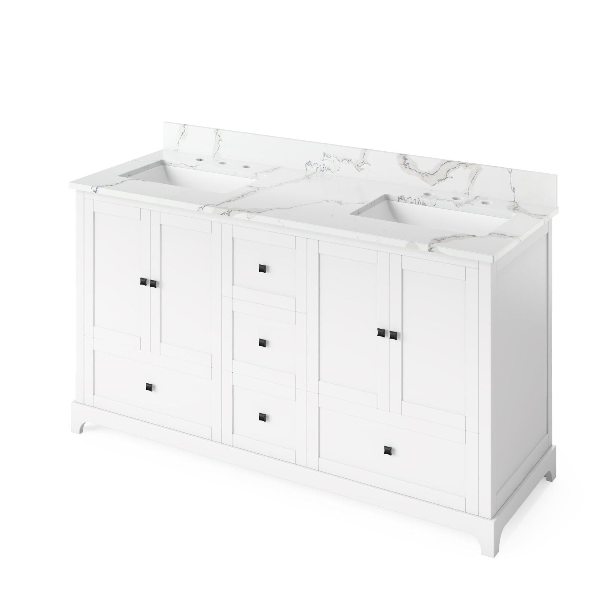 Hardware Resources Jeffrey Alexander Silver Label Addington 60" 4-Door 5-Drawer White Freestanding Vanity With Double Bowl, Calacatta Vienna Quartz Vanity Top, Backsplash and Rectangle Undermount Sink