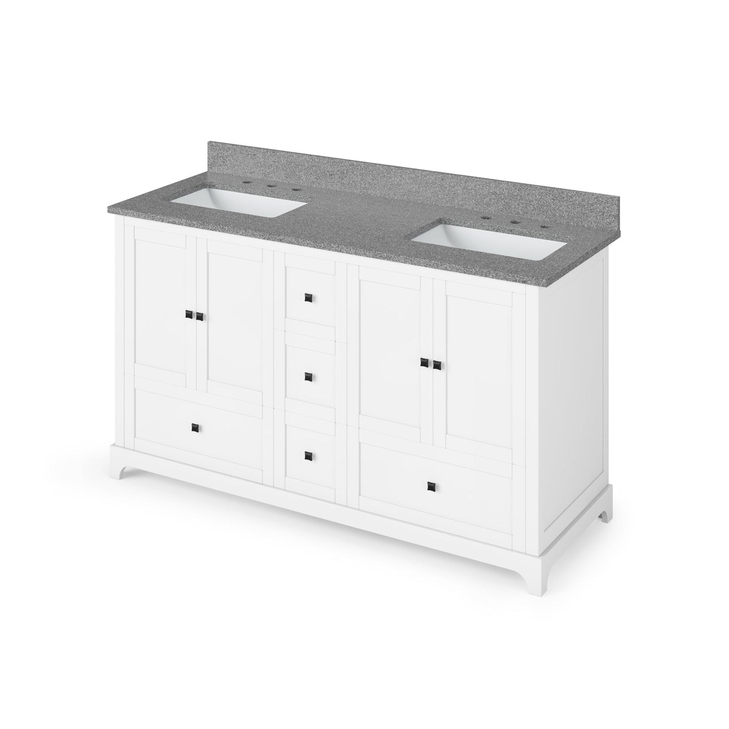 Hardware Resources Jeffrey Alexander Silver Label Addington 60" 4-Door 5-Drawer White Freestanding Vanity With Double Bowl, Steel Gray Cultured Marble Vanity Top, Backsplash and Rectangle Undermount Sink