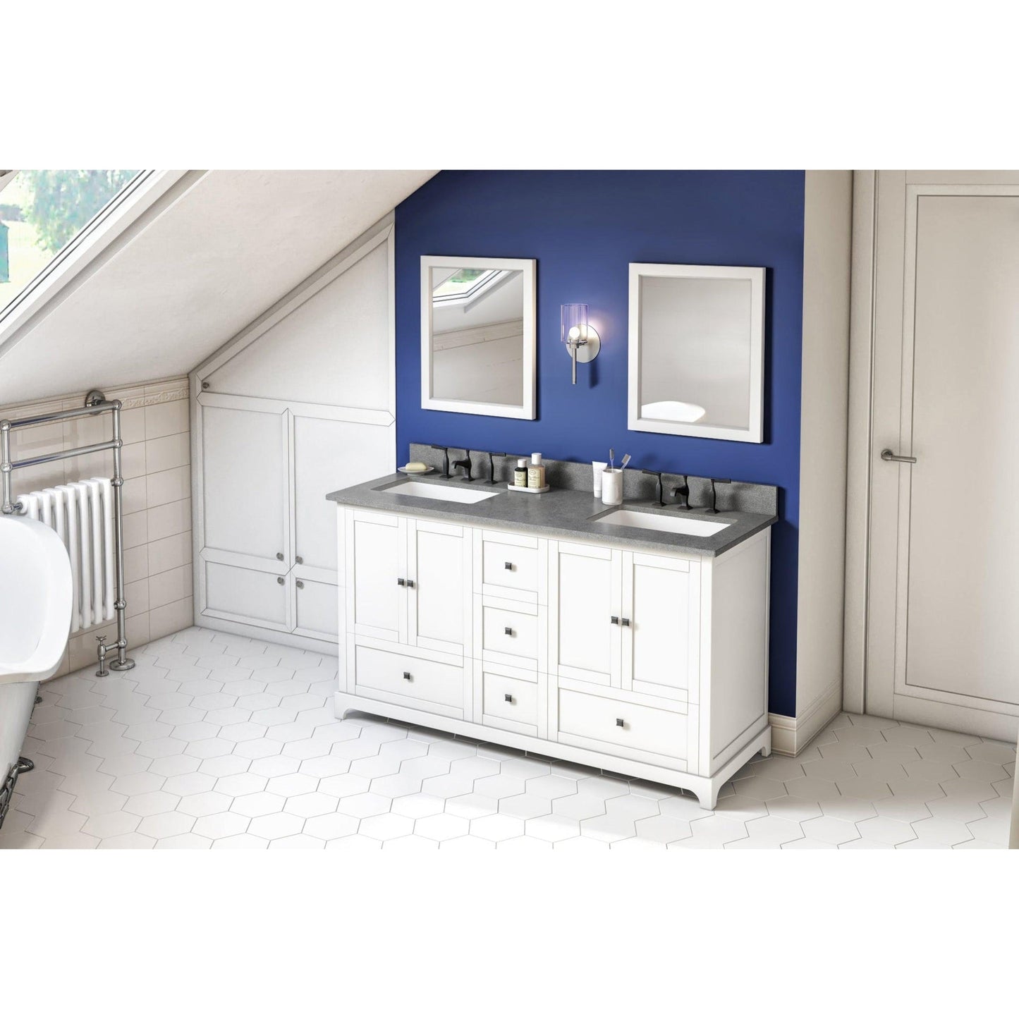 Hardware Resources Jeffrey Alexander Silver Label Addington 60" 4-Door 5-Drawer White Freestanding Vanity With Double Bowl, Steel Gray Cultured Marble Vanity Top, Backsplash and Rectangle Undermount Sink