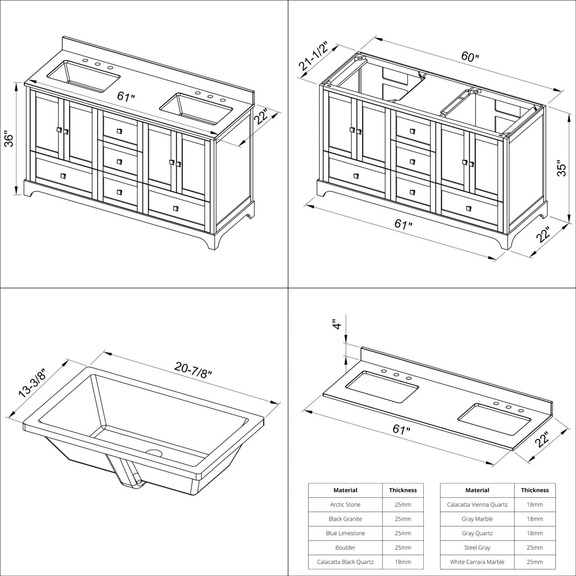 Hardware Resources Jeffrey Alexander Silver Label Addington 60" 4-Door 5-Drawer White Freestanding Vanity With Double Bowl, White Carrara Marble Vanity Top, Backsplash and Rectangle Undermount Sink