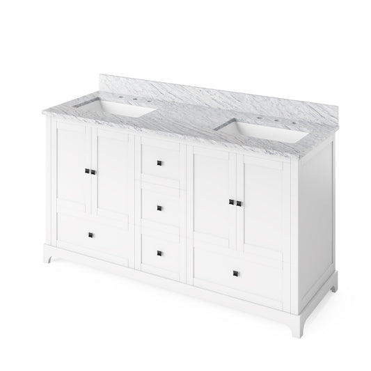 Hardware Resources Jeffrey Alexander Silver Label Addington 60" 4-Door 5-Drawer White Freestanding Vanity With Double Bowl, White Carrara Marble Vanity Top, Backsplash and Rectangle Undermount Sink