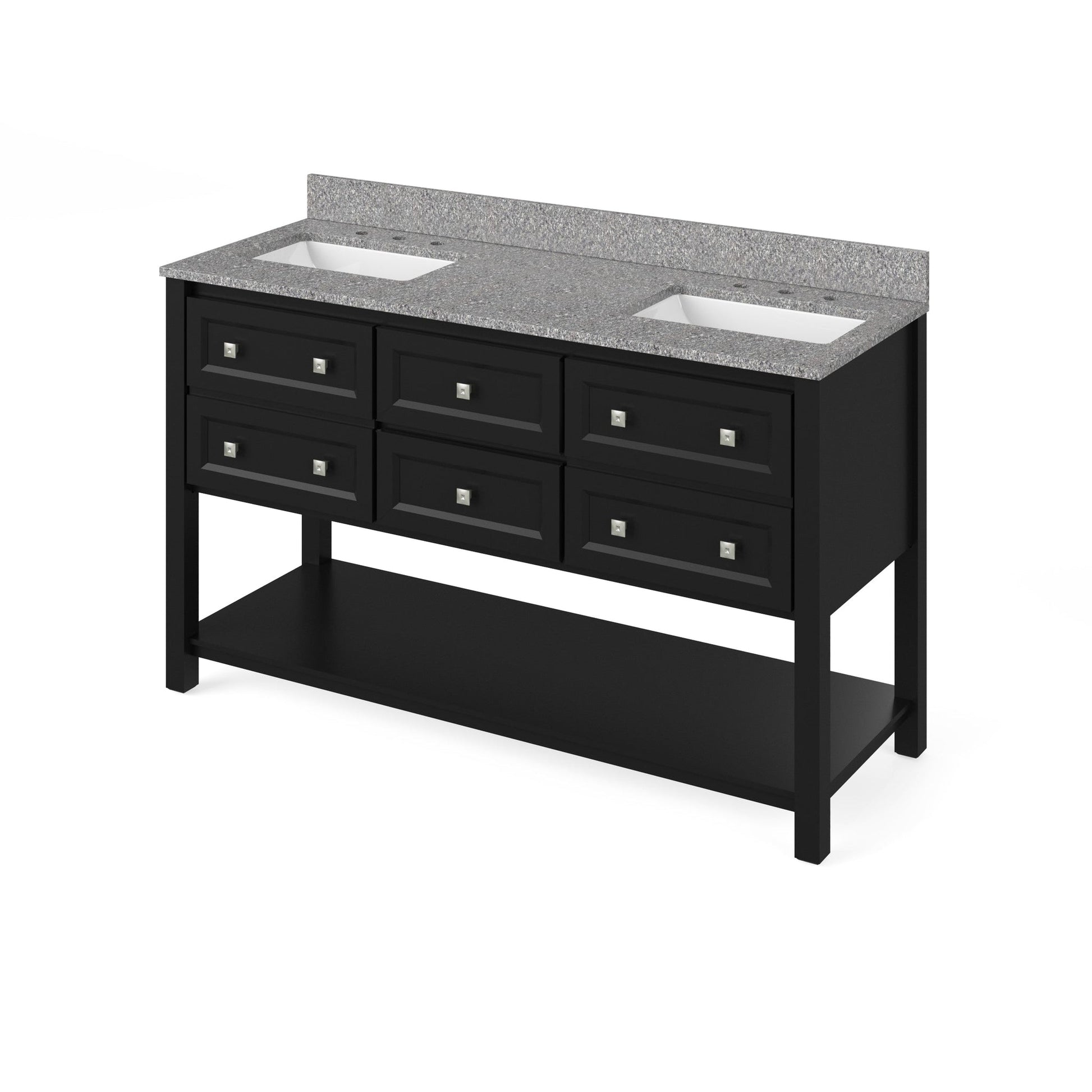 Hardware Resources Jeffrey Alexander Silver Label Adler 60" Black Freestanding Vanity With Double Bowl, Boulder Cultured Marble Vanity Top, Backsplash and Double Rectangle Undermount Sink