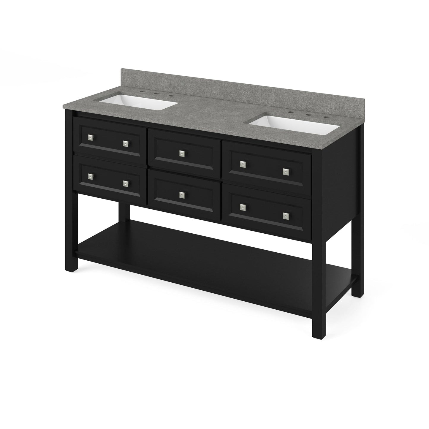 Hardware Resources Jeffrey Alexander Silver Label Adler 60" Black Freestanding Vanity With Double Bowl, Steel Gray Cultured Marble Vanity Top, Backsplash and Double Rectangle Undermount Sink