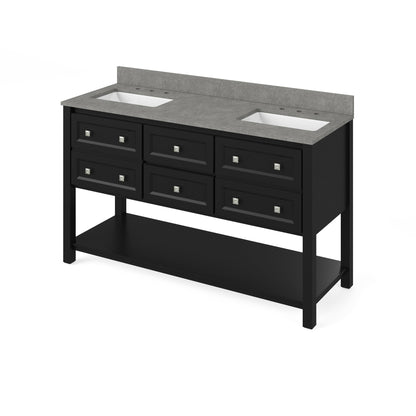 Hardware Resources Jeffrey Alexander Silver Label Adler 60" Black Freestanding Vanity With Double Bowl, Steel Gray Cultured Marble Vanity Top, Backsplash and Double Rectangle Undermount Sink