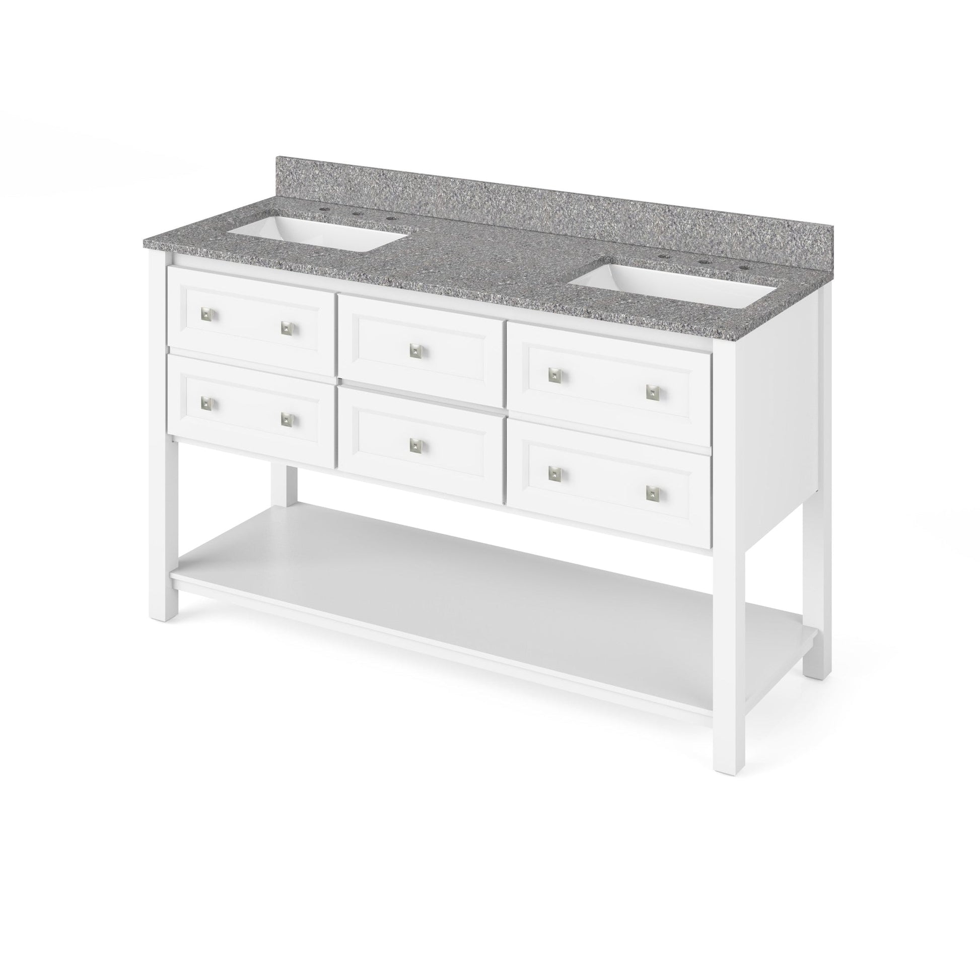 Hardware Resources Jeffrey Alexander Silver Label Adler 60" White Freestanding Vanity With Double Bowl, Boulder Cultured Marble Vanity Top, Backsplash and Double Rectangle Undermount Sink