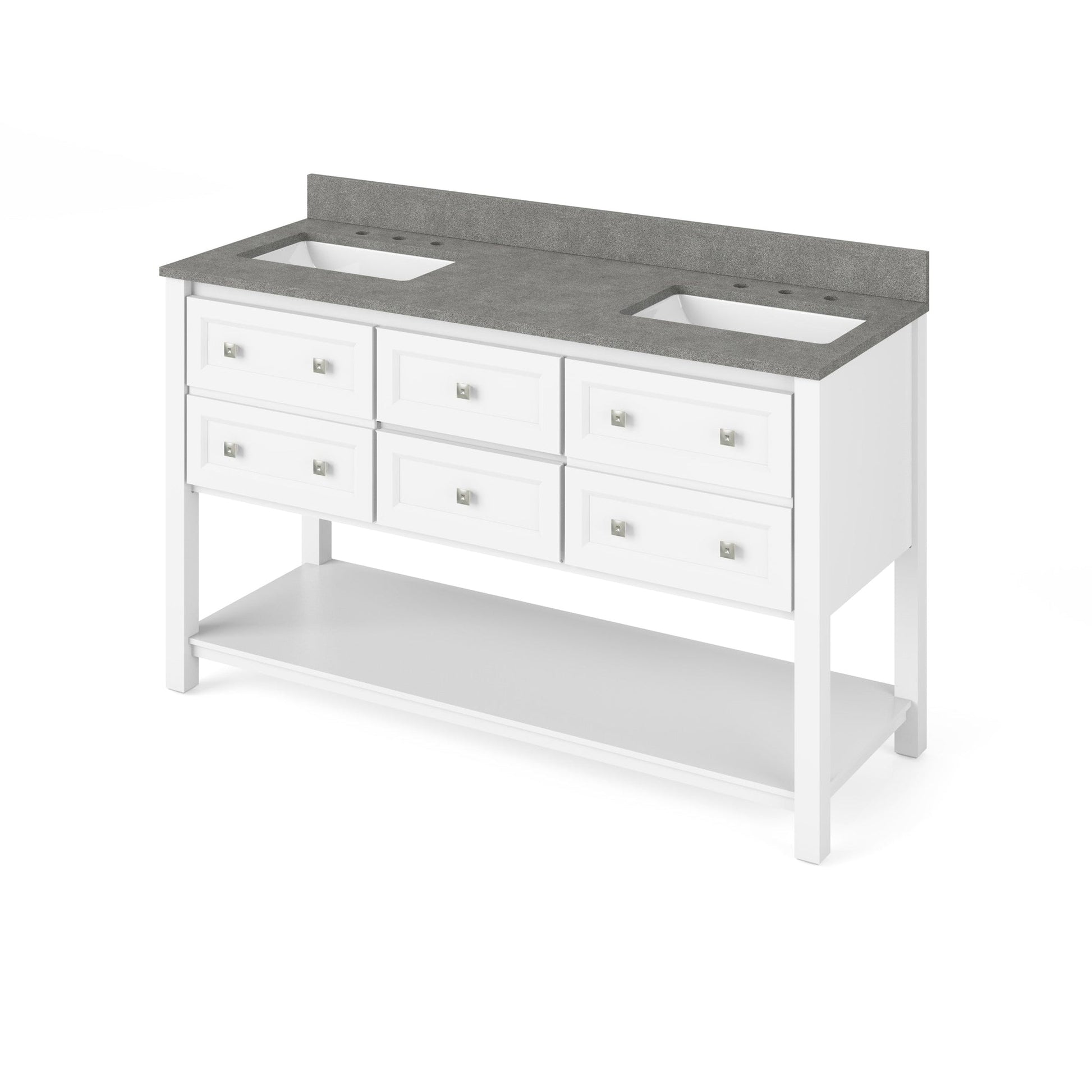 Hardware Resources Jeffrey Alexander Silver Label Adler 60" White Freestanding Vanity With Double Bowl, Steel Gray Cultured Marble Vanity Top, Backsplash and Double Rectangle Undermount Sink
