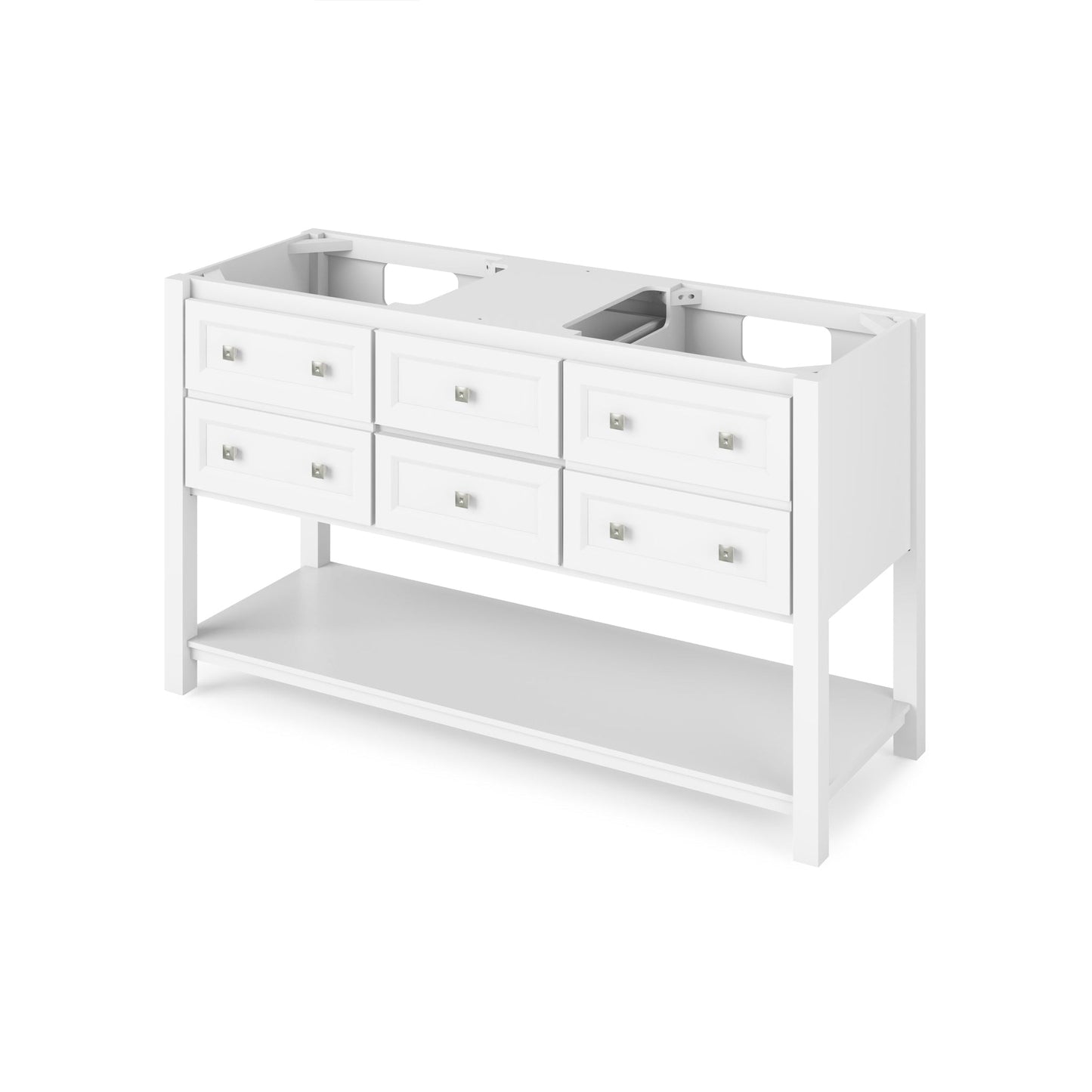 Hardware Resources Jeffrey Alexander Silver Label Adler 60" White Freestanding Vanity With Double Bowl, Steel Gray Cultured Marble Vanity Top, Backsplash and Double Rectangle Undermount Sink