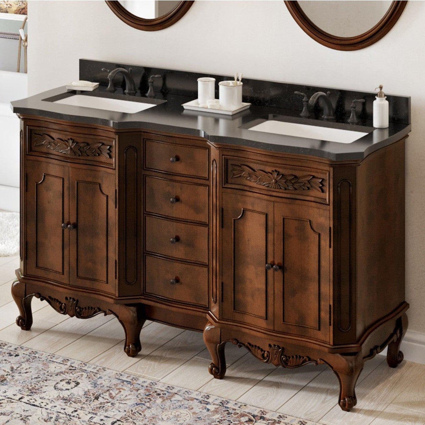 Hardware Resources Jeffrey Alexander Silver Label Clairemont 60" Nutmeg Freestanding Vanity With Double Bowl, Clairemont-Only Black Granite Vanity Top, Backsplash and Rectangle Undermount Sink