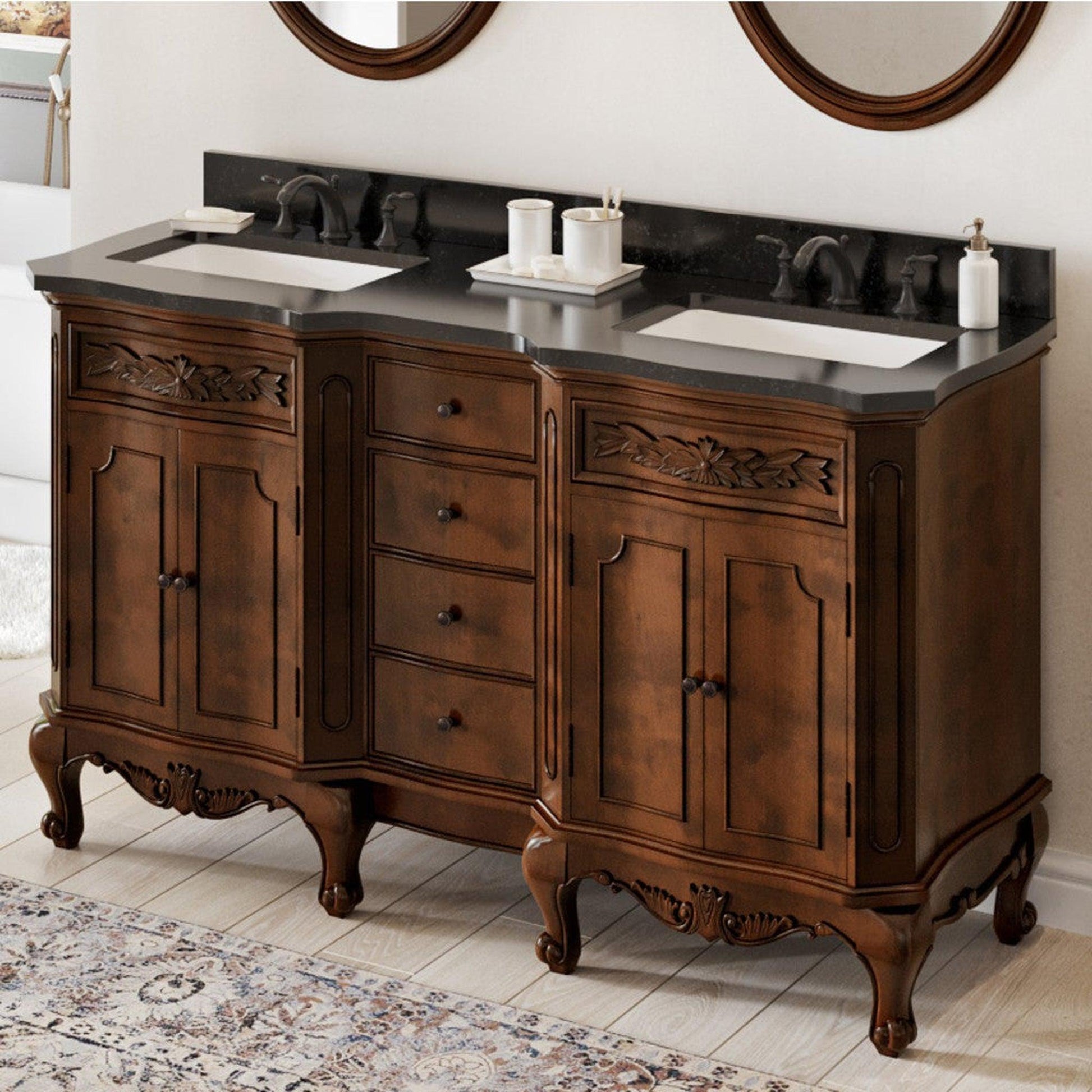 Hardware Resources Jeffrey Alexander Silver Label Clairemont 60" Nutmeg Freestanding Vanity With Double Bowl, Clairemont-Only Black Granite Vanity Top, Backsplash and Rectangle Undermount Sink