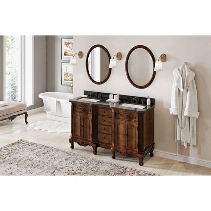 Hardware Resources Jeffrey Alexander Silver Label Clairemont 60" Nutmeg Freestanding Vanity With Double Bowl, Clairemont-Only Black Granite Vanity Top, Backsplash and Rectangle Undermount Sink