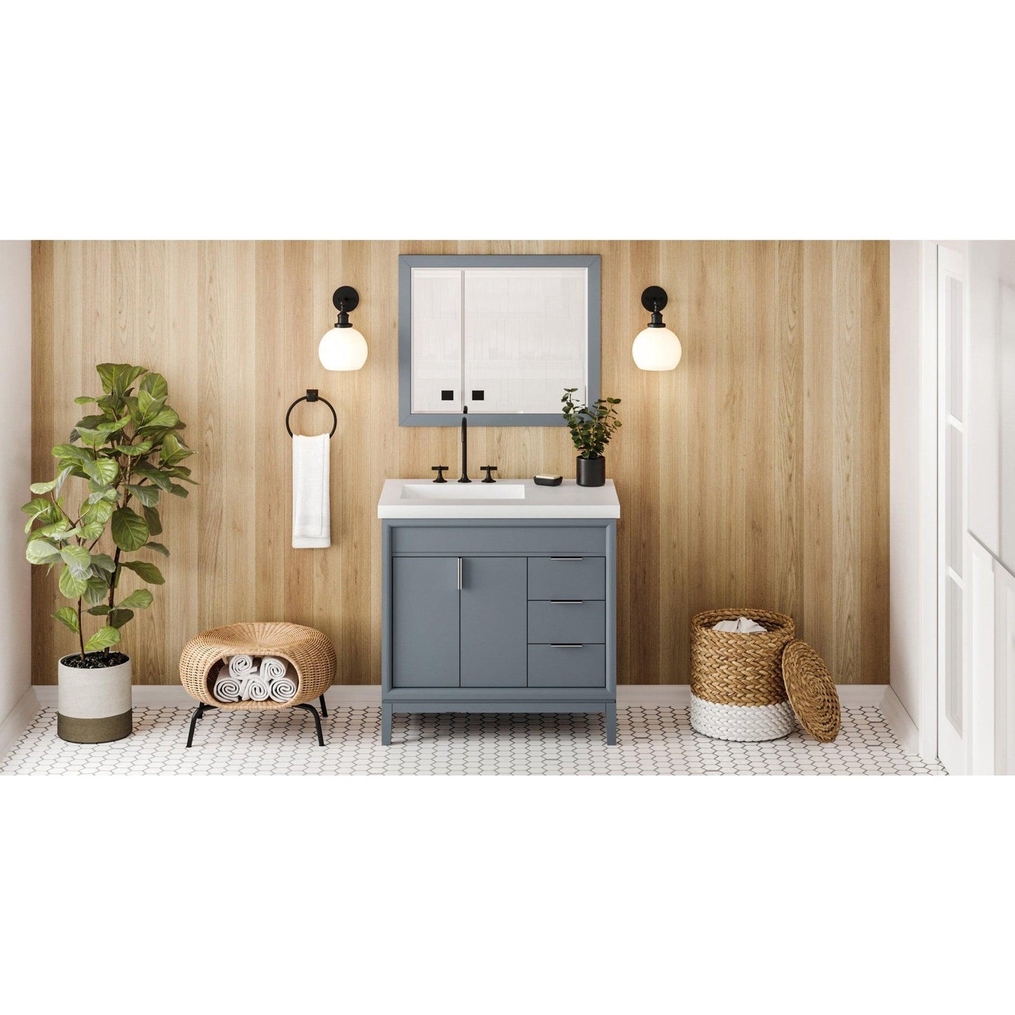 Hardware Resources Jeffrey Alexander Theodora 36" Blue Steel Freestanding Vanity With Left Offset, Lavante Cultured Marble Vessel Vanity Top , Backsplash and Rectangle Undermount Sink