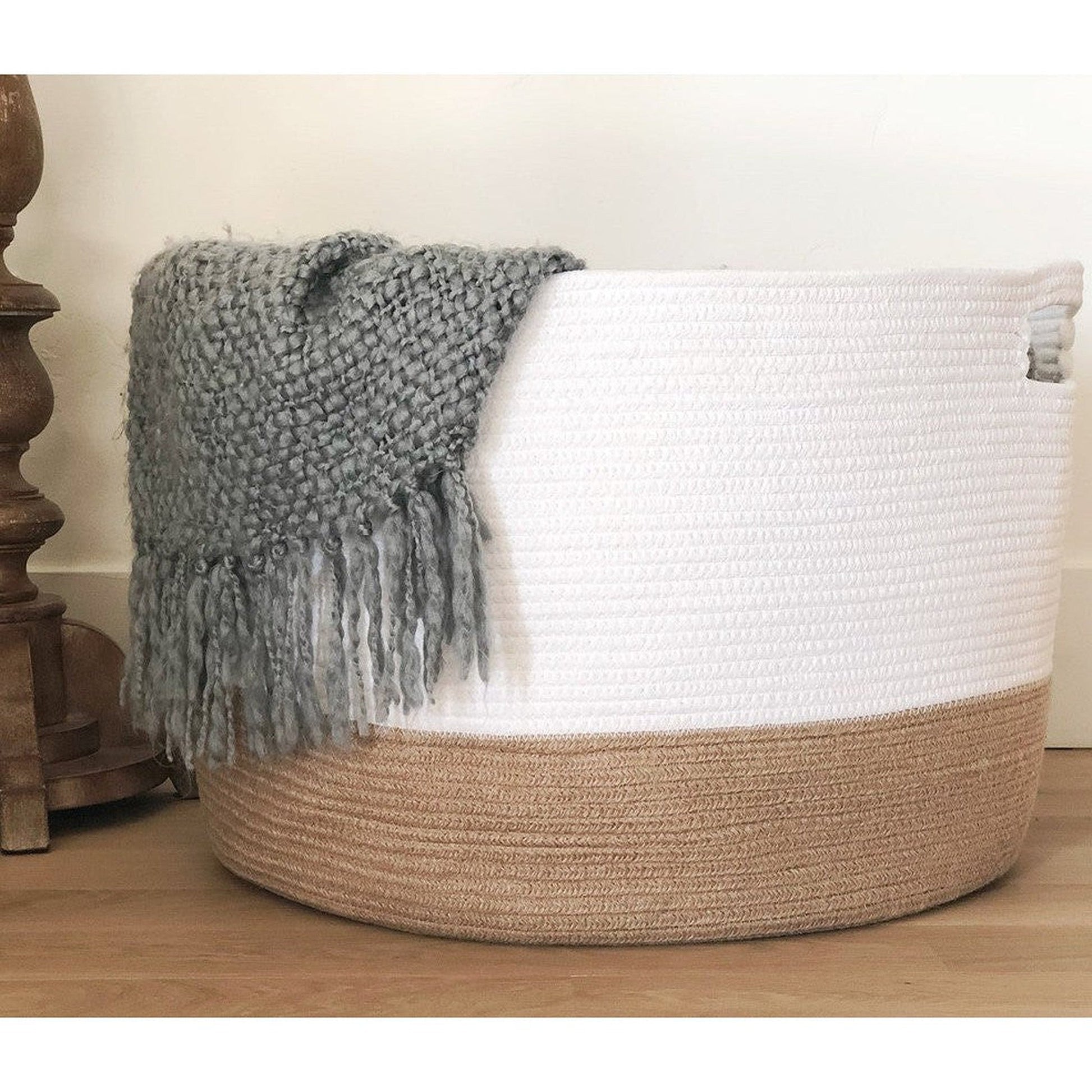 HomeRoots 15" Jute Woven Rope Basket in White and Natural Finish