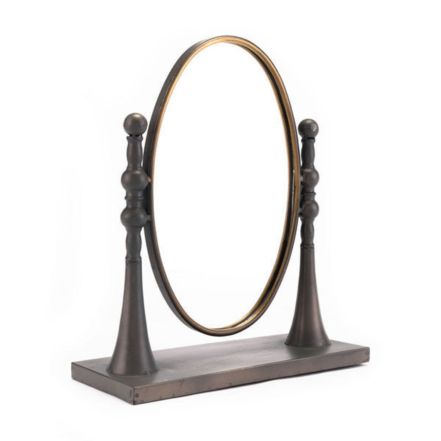 HomeRoots 15" x 6.3" x 17.7" Black And Gold Circle Mirror With Stand