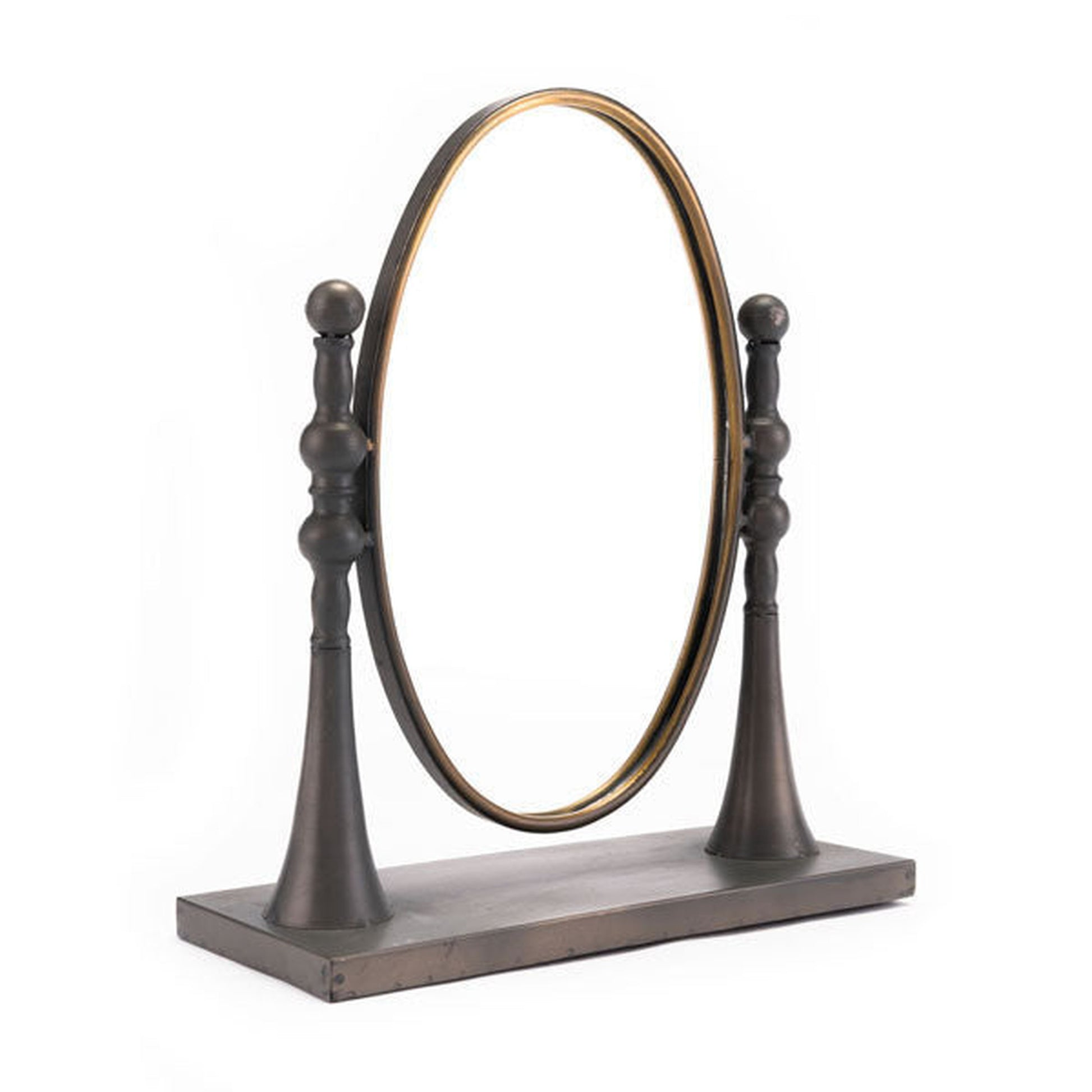 HomeRoots 15" x 6.3" x 17.7" Black And Gold Circle Mirror With Stand