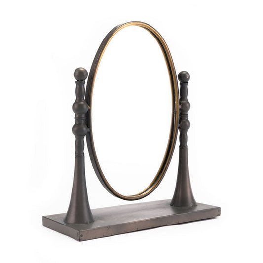HomeRoots 15" x 6.3" x 17.7" Black And Gold Circle Mirror With Stand