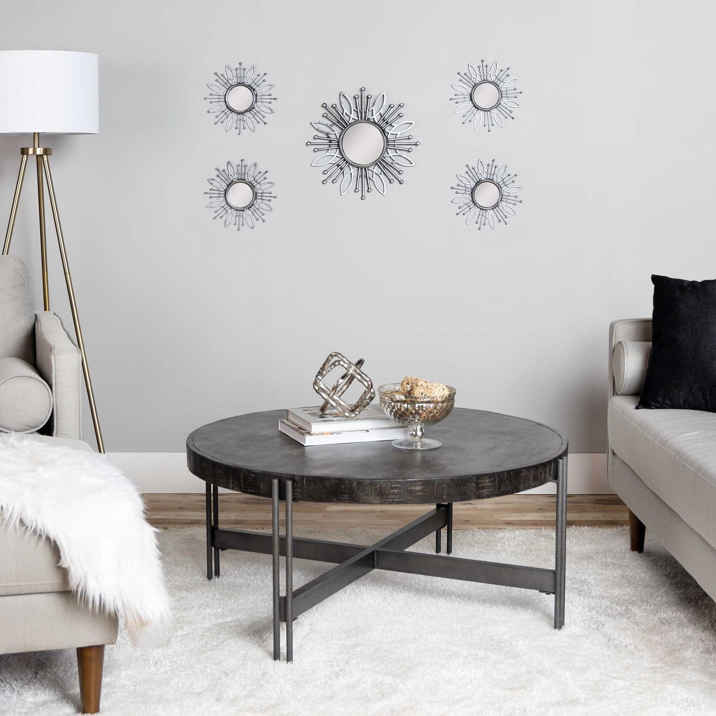 HomeRoots 15.5 Round Silver Burst Metal Framed Wall Mirror