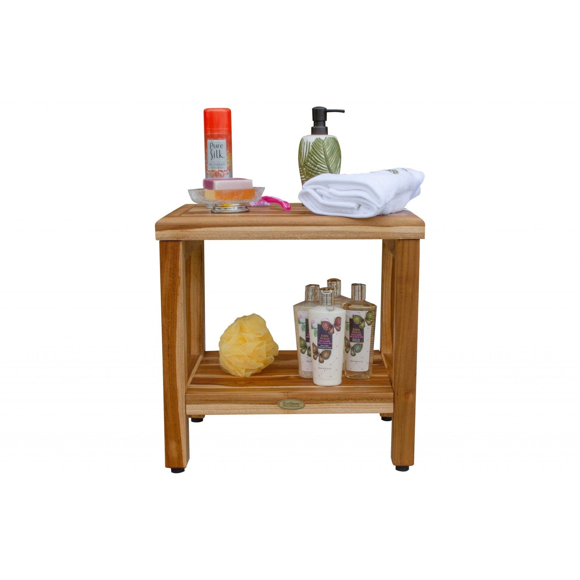 HomeRoots 18" Contemporary Teak Shower Stool or Bench with Shelf in Natural Finish