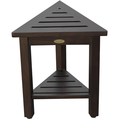 HomeRoots 18" Teak Corner Shower Stool or Bench with Shelf in Brown Finish