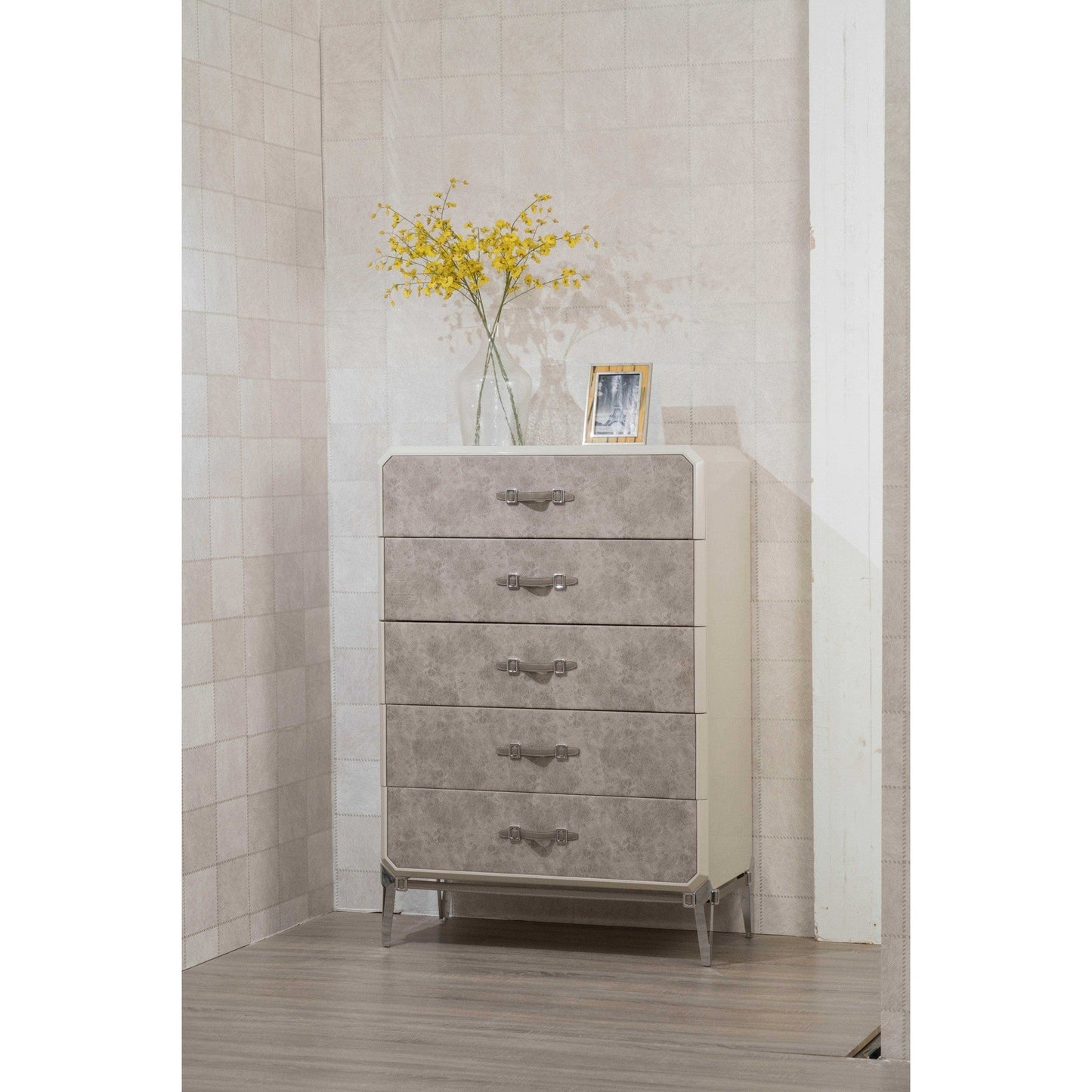 HomeRoots 18" x 35" x 52" PU Wood Upholstered (Front) Metal Leg Veneer (Melamine) Chest in Vintage Beige Finish