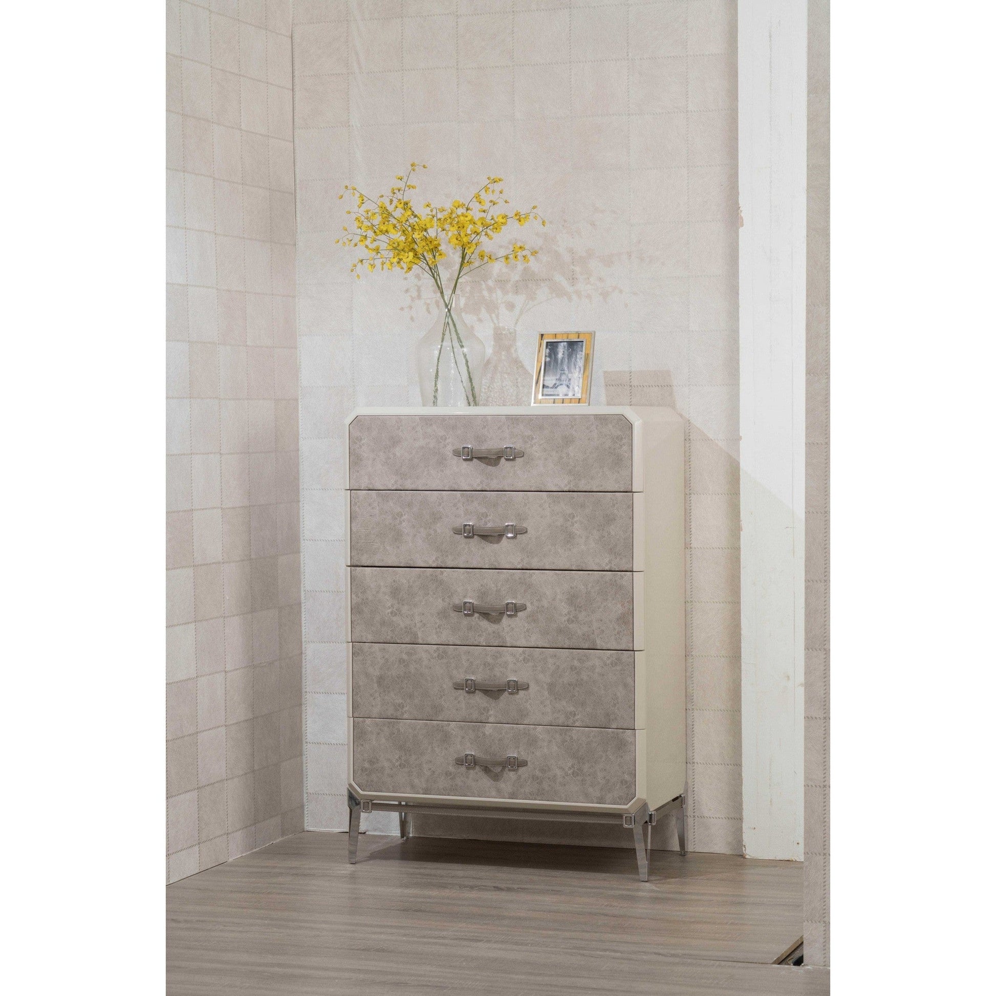 HomeRoots 18" x 35" x 52" PU Wood Upholstered (Front) Metal Leg Veneer (Melamine) Chest in Vintage Beige Finish