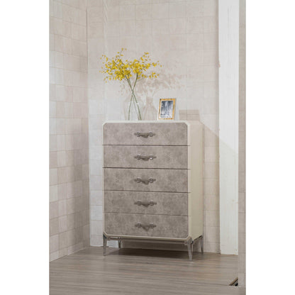 HomeRoots 18" x 35" x 52" PU Wood Upholstered (Front) Metal Leg Veneer (Melamine) Chest in Vintage Beige Finish