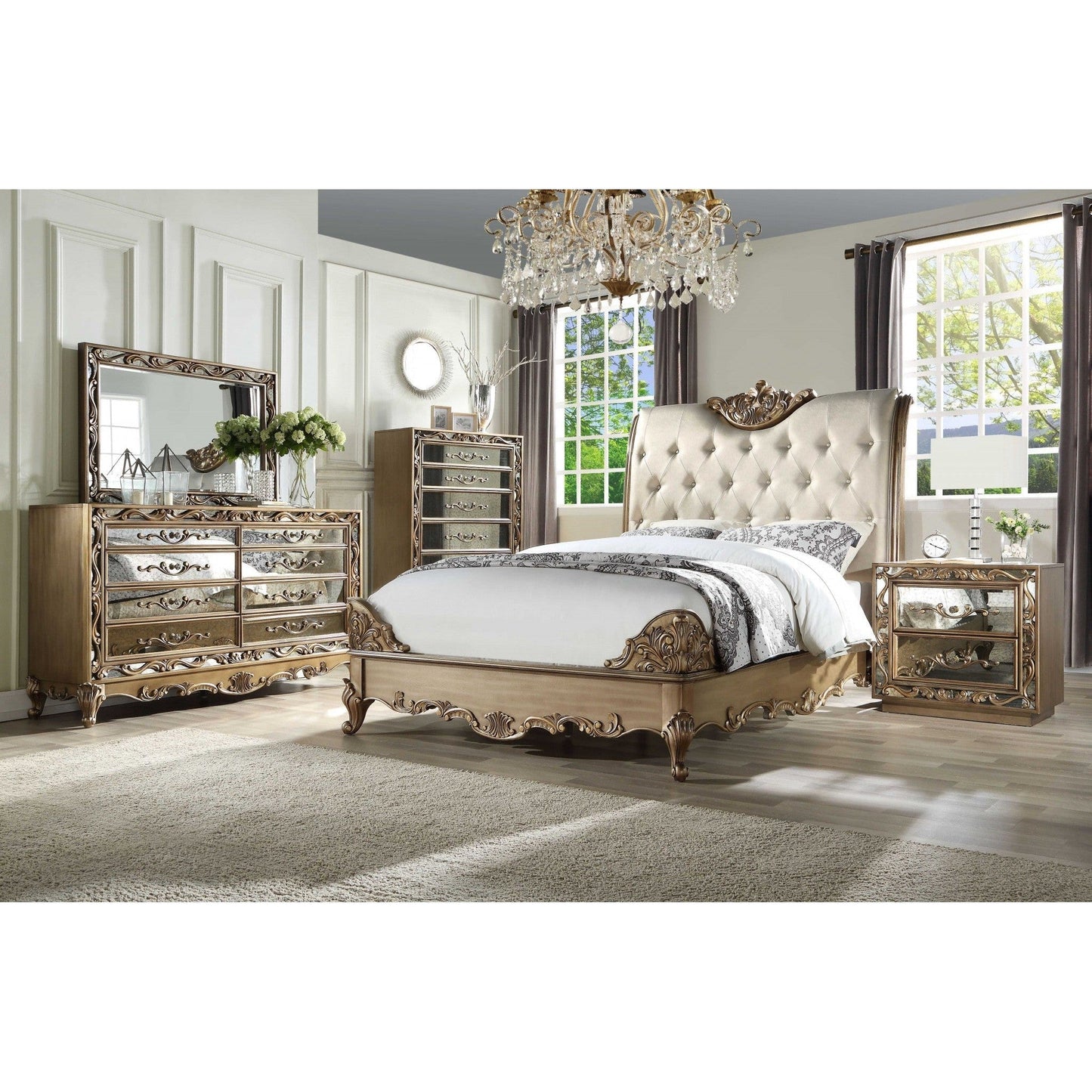HomeRoots 19" x 42" x 56" Wood Mirror Chest With Antique Gold Finish