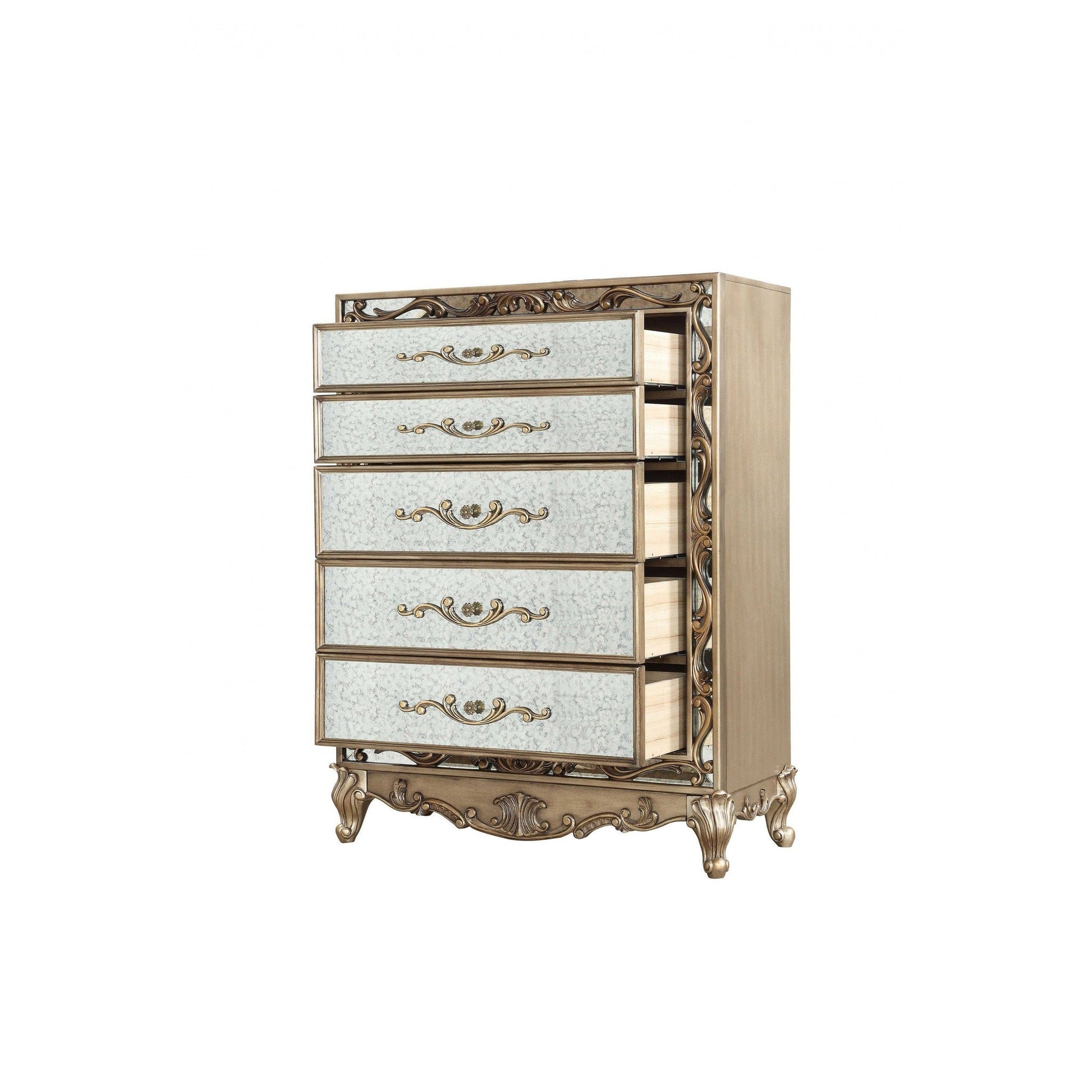 HomeRoots 19" x 42" x 56" Wood Mirror Chest With Antique Gold Finish