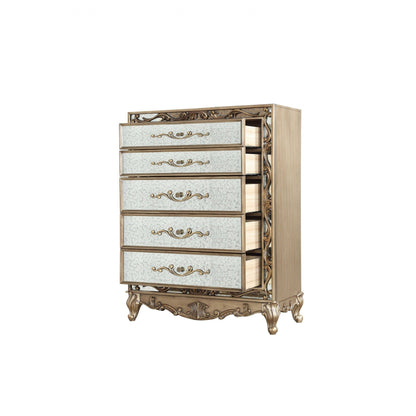 HomeRoots 19" x 42" x 56" Wood Mirror Chest With Antique Gold Finish