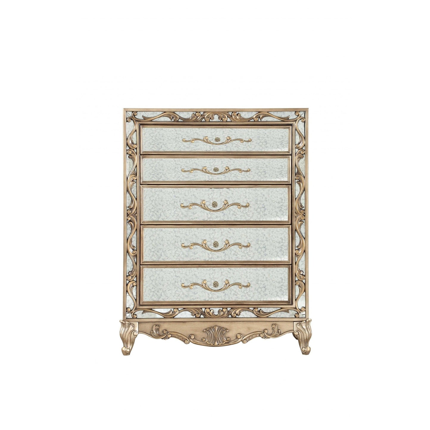HomeRoots 19" x 42" x 56" Wood Mirror Chest With Antique Gold Finish