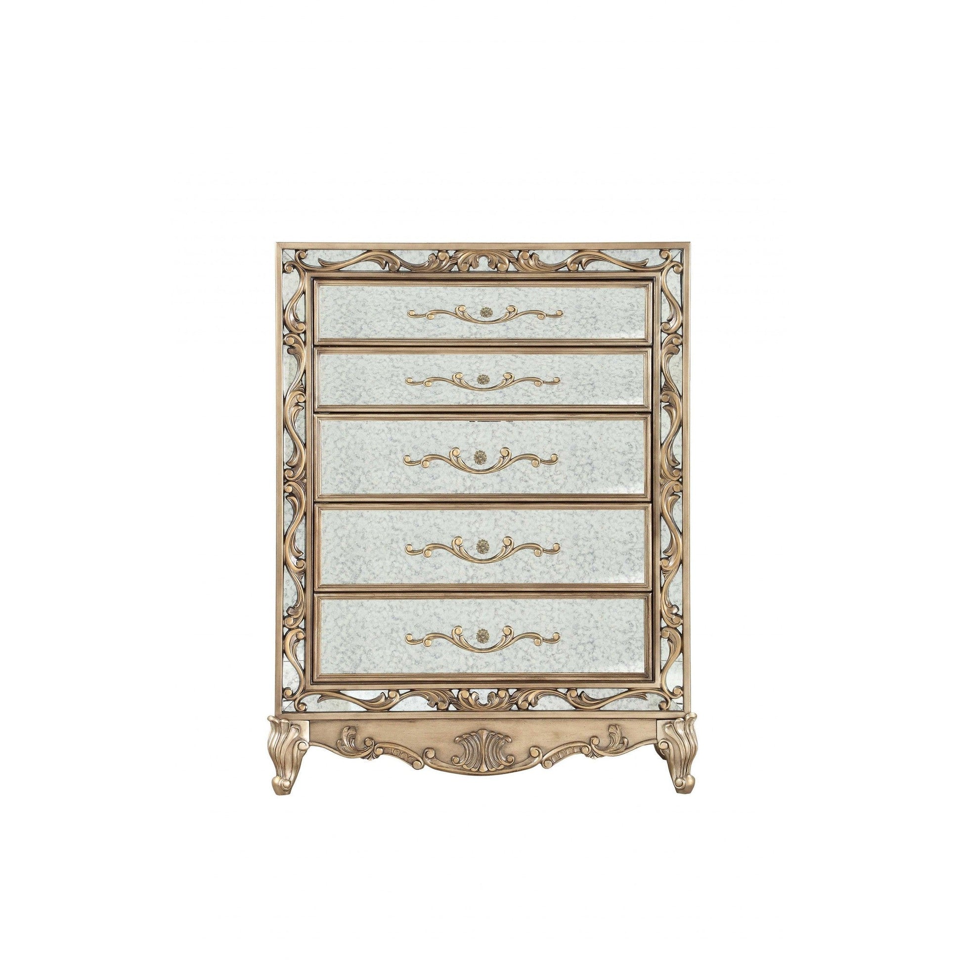 HomeRoots 19" x 42" x 56" Wood Mirror Chest With Antique Gold Finish