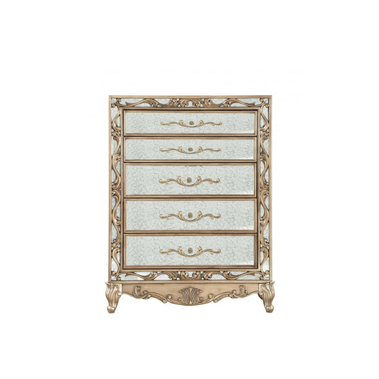 HomeRoots 19" x 42" x 56" Wood Mirror Chest With Antique Gold Finish