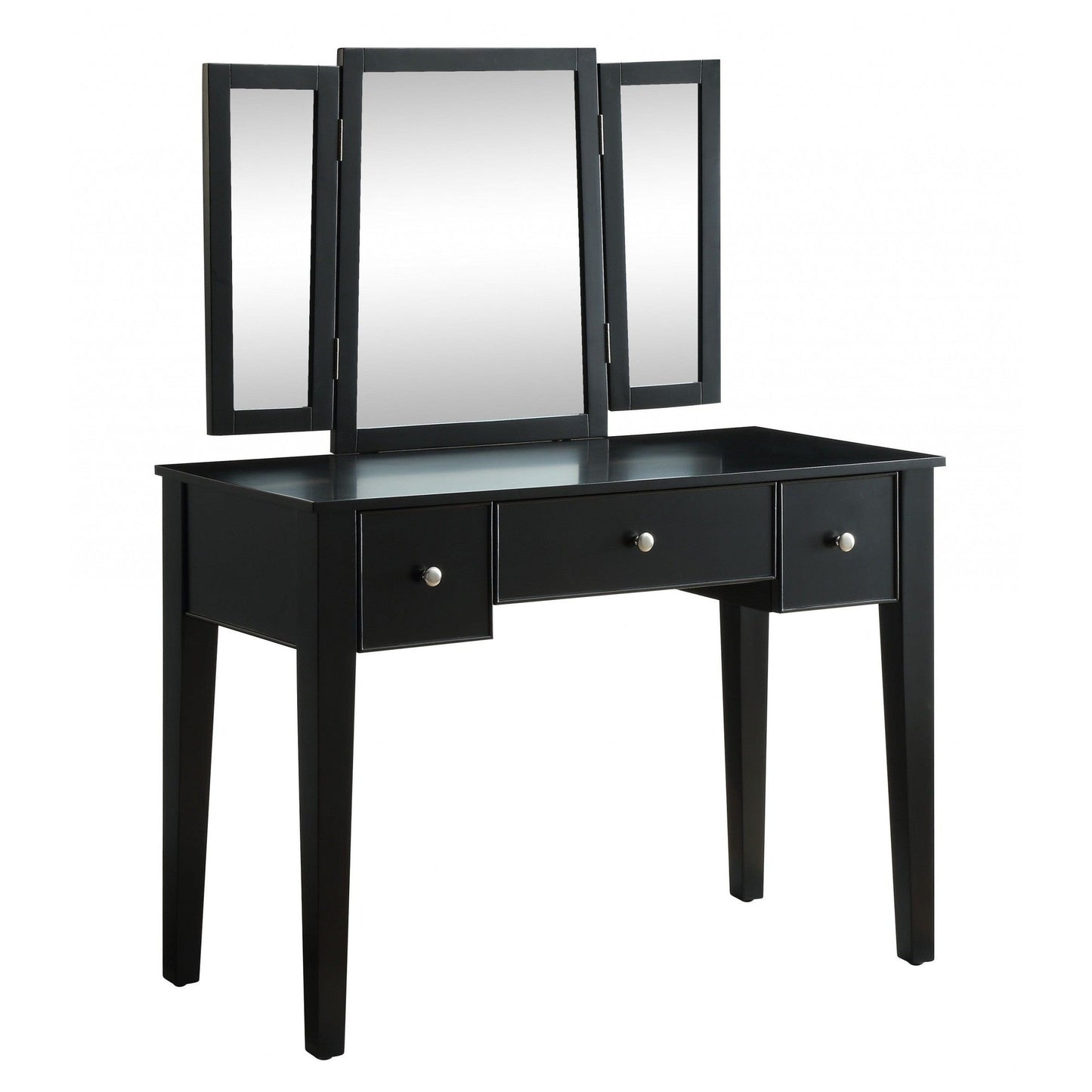HomeRoots 19' x 43' x 54' Tan Fabric Black Wood Mirror Vanity Set