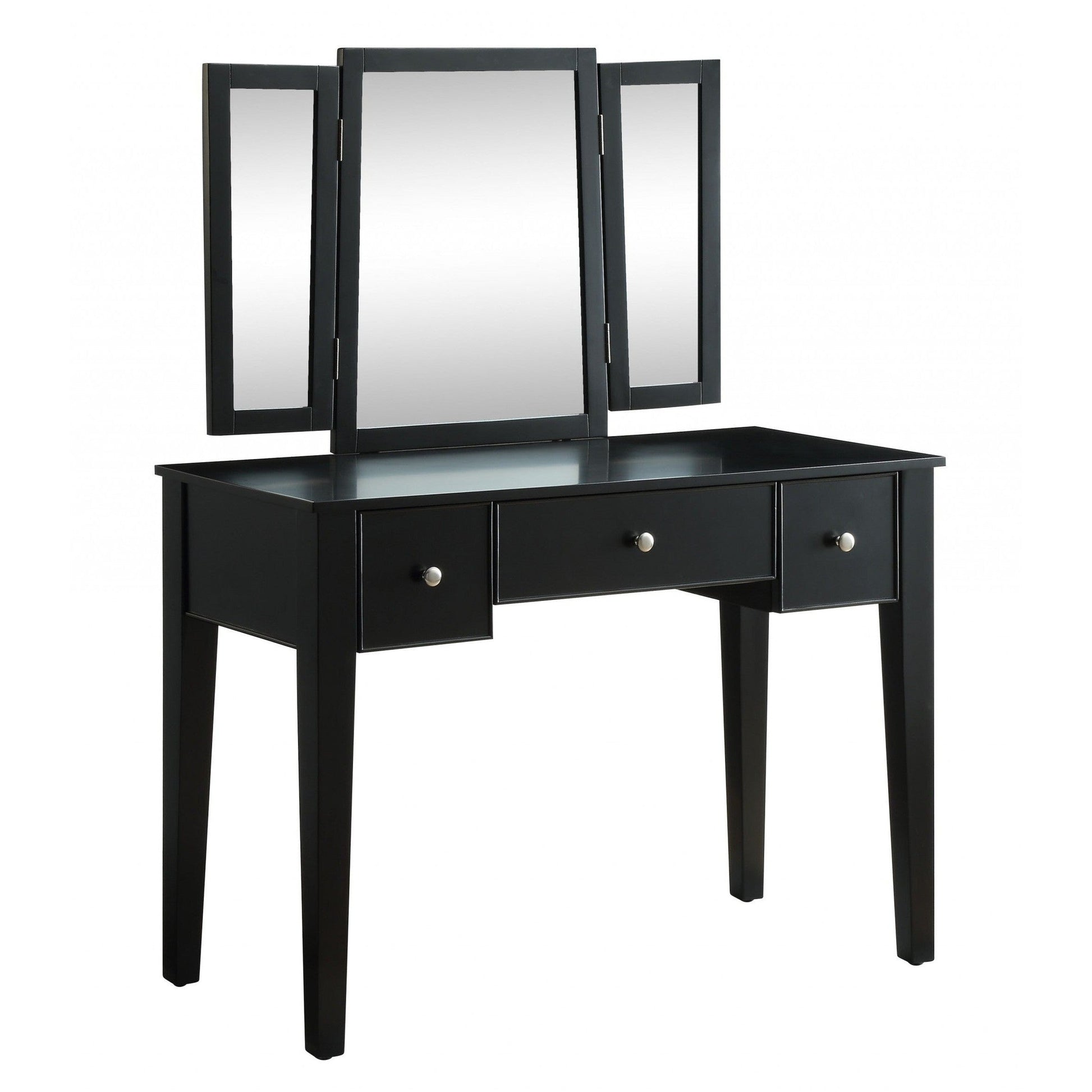 HomeRoots 19' x 43' x 54' Tan Fabric Black Wood Mirror Vanity Set