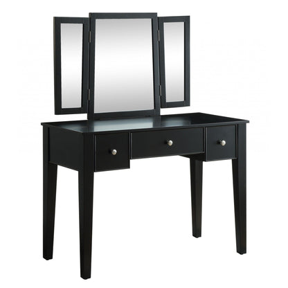HomeRoots 19' x 43' x 54' Tan Fabric Black Wood Mirror Vanity Set