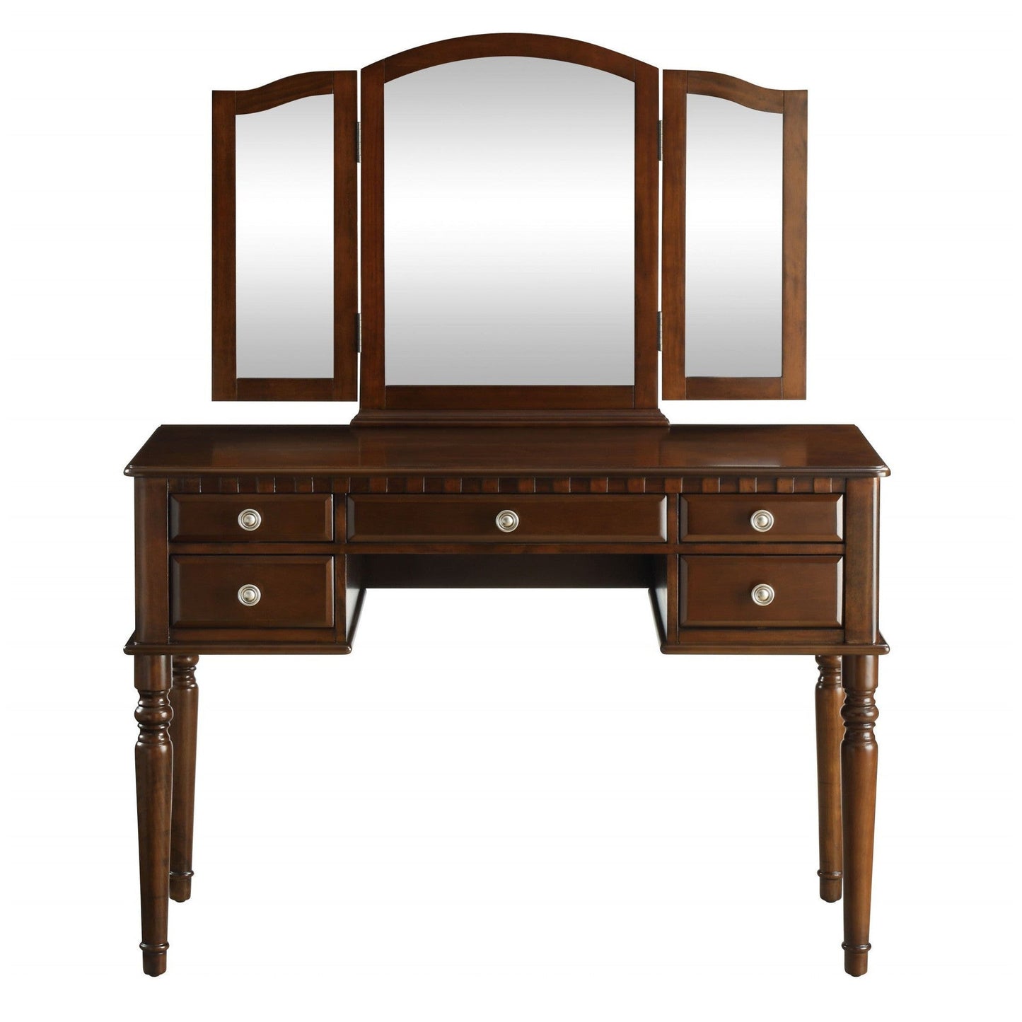 HomeRoots 19' x 43' x 54' Tan Fabric Cherry Wood Mirror Vanity Set