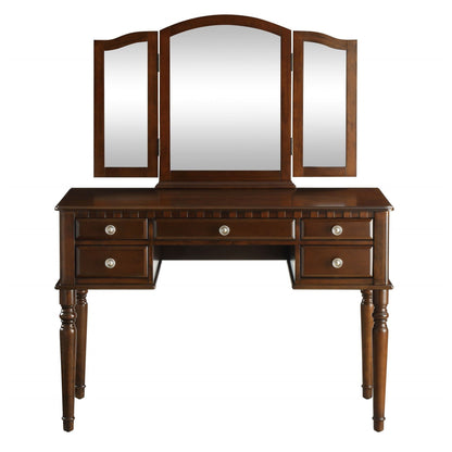 HomeRoots 19' x 43' x 54' Tan Fabric Cherry Wood Mirror Vanity Set