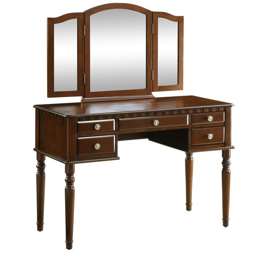 HomeRoots 19' x 43' x 54' Tan Fabric Cherry Wood Mirror Vanity Set