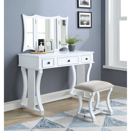 HomeRoots 19' x 43' x 54' Tan Fabric White Wood Mirror Vanity Set