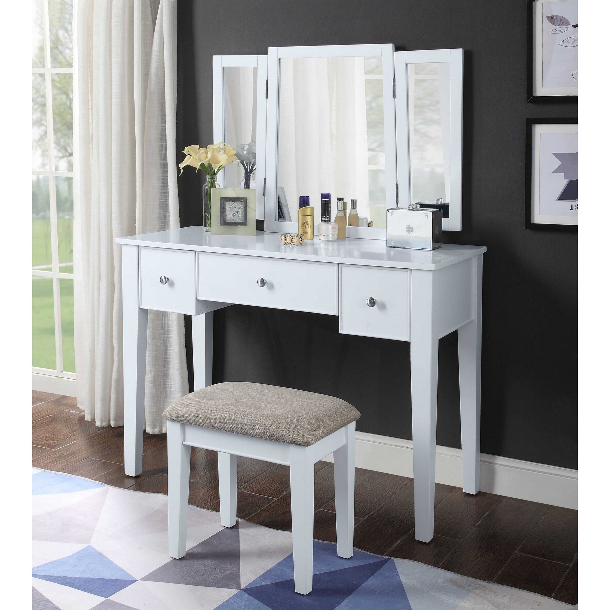 HomeRoots 19' x 43' x 54' Tan Fabric White Wood Mirror Vanity Set