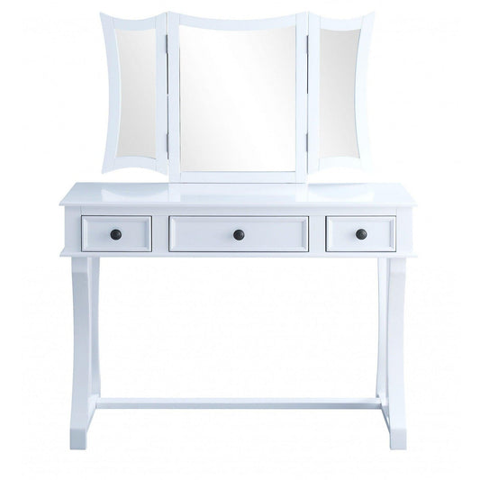 HomeRoots 19' x 43' x 54' Tan Fabric White Wood Mirror Vanity Set