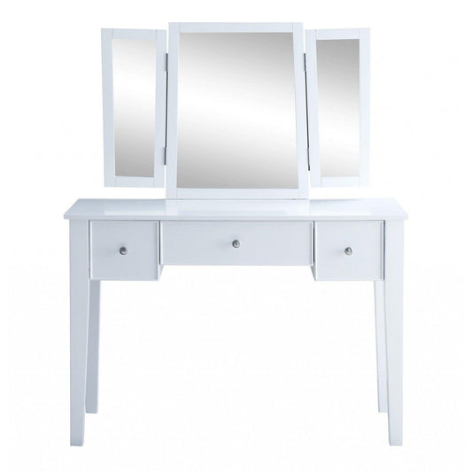 HomeRoots 19' x 43' x 54' Tan Fabric White Wood Mirror Vanity Set