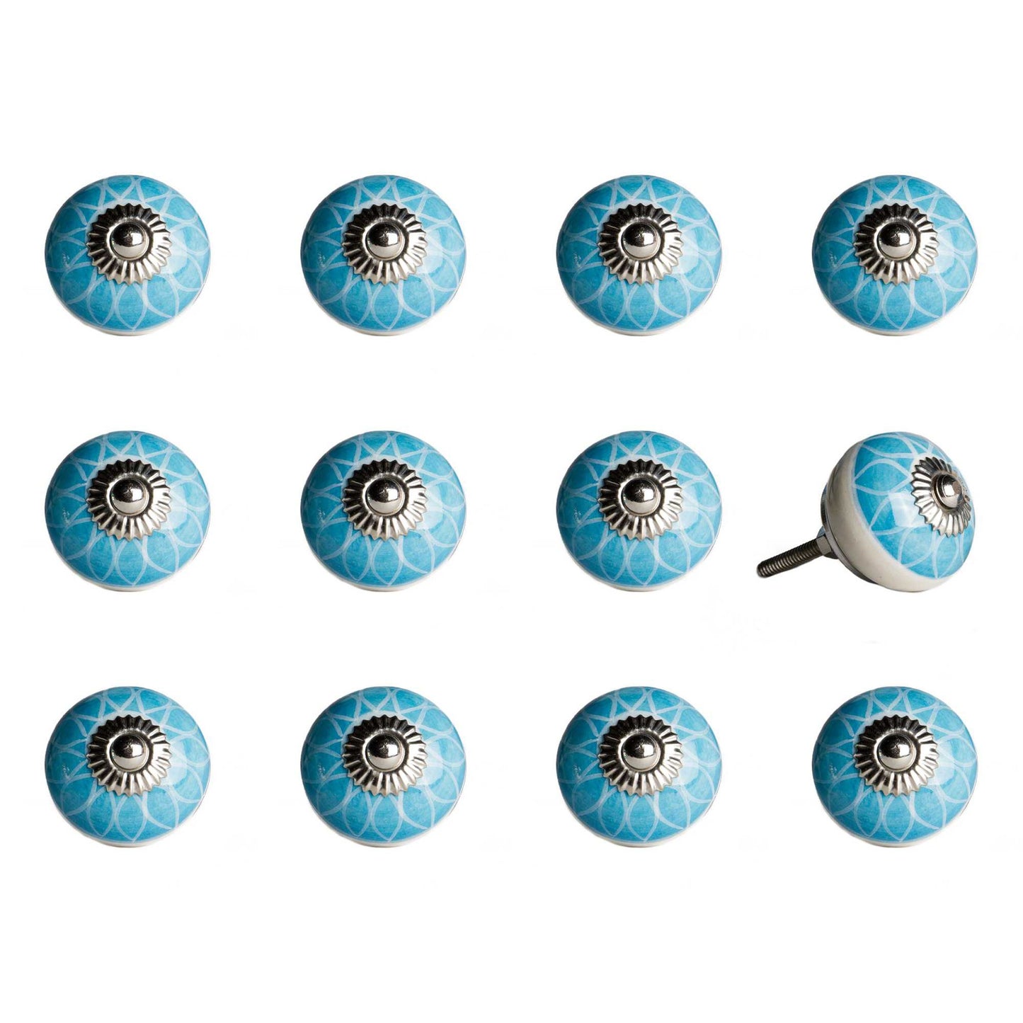 HomeRoots 1.5" x 1.5" x 1.5" Ceramic Metal Aqua and White Knobs 12-Pack