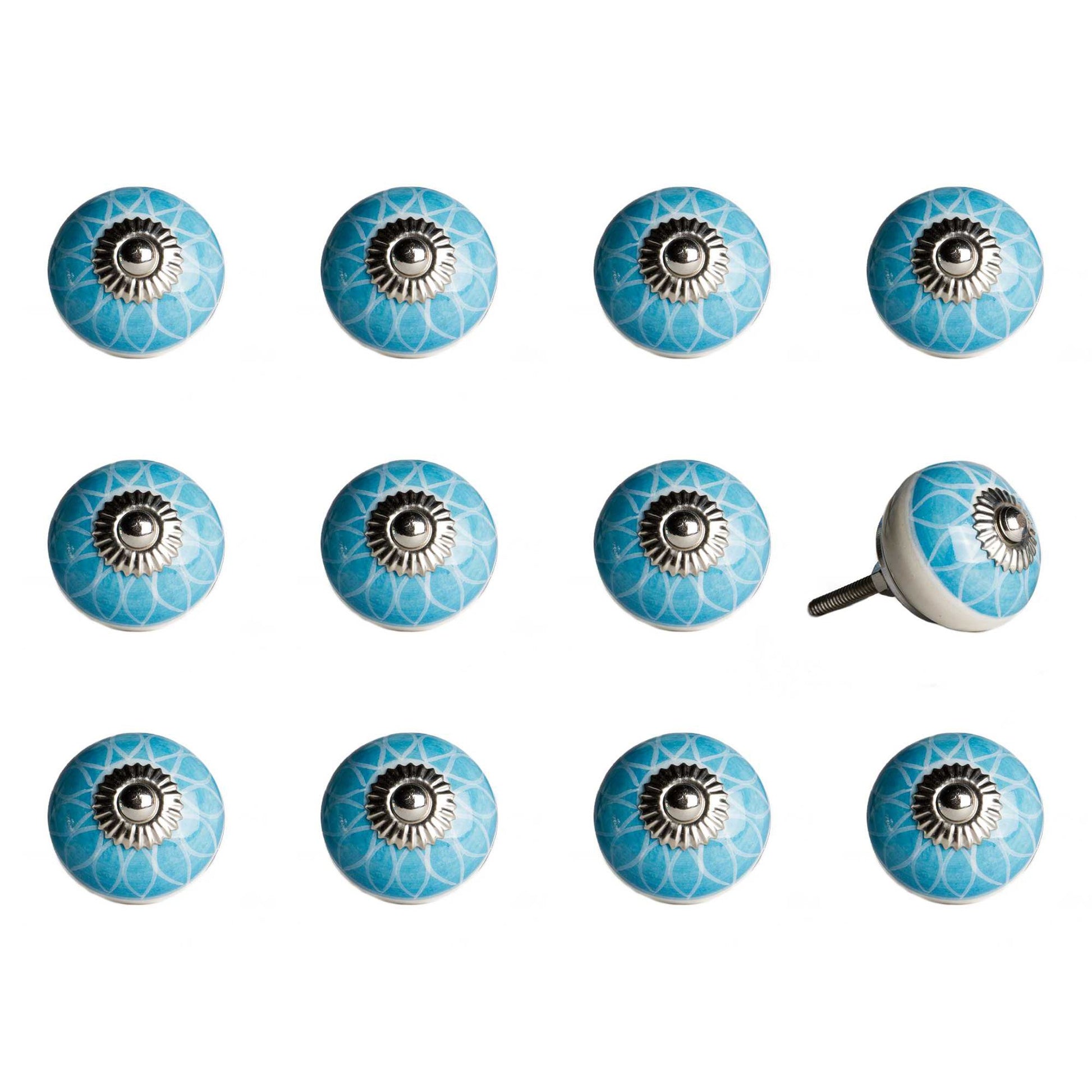 HomeRoots 1.5" x 1.5" x 1.5" Ceramic Metal Aqua and White Knobs 12-Pack