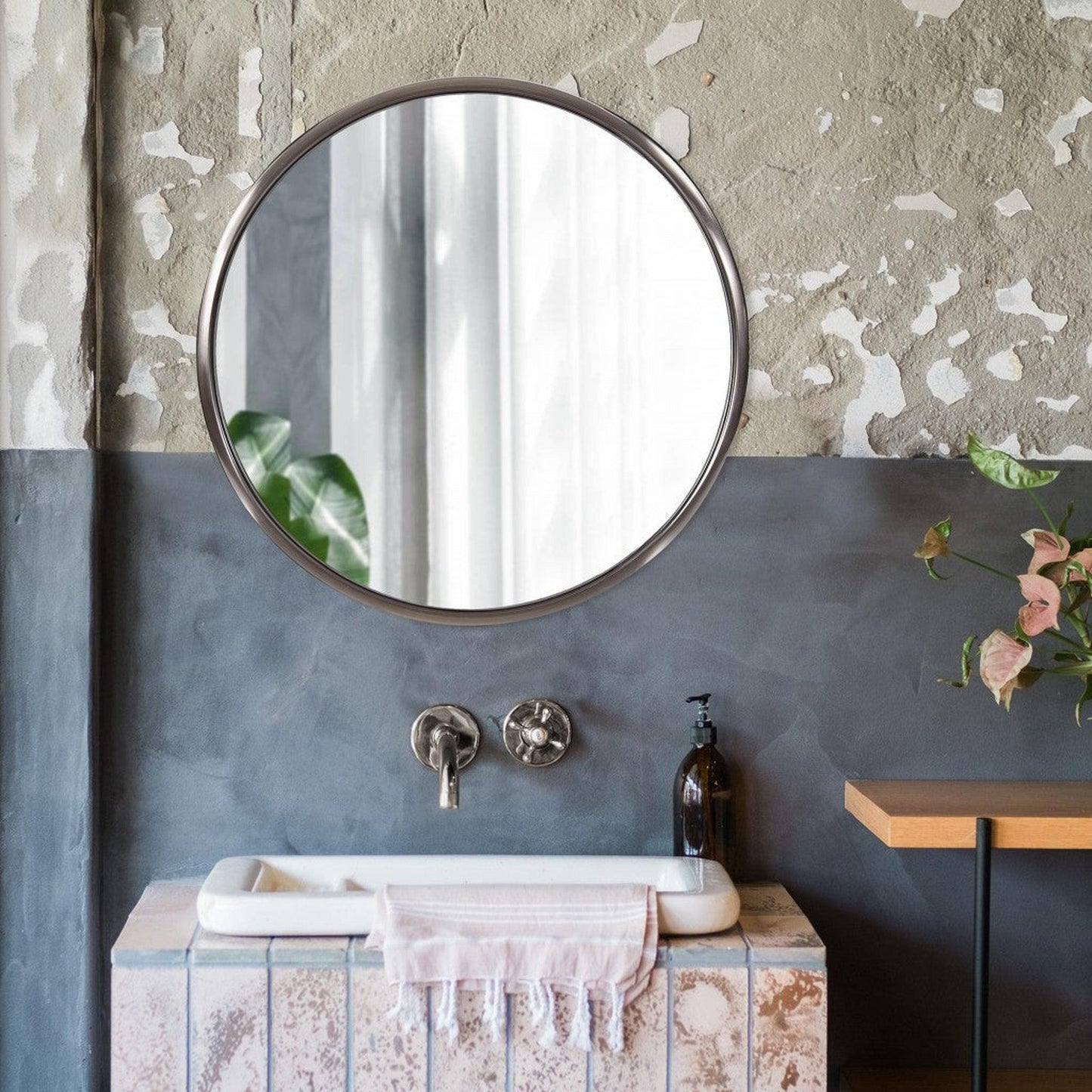 HomeRoots 20" Brushed Titanium Round Wall Mirror