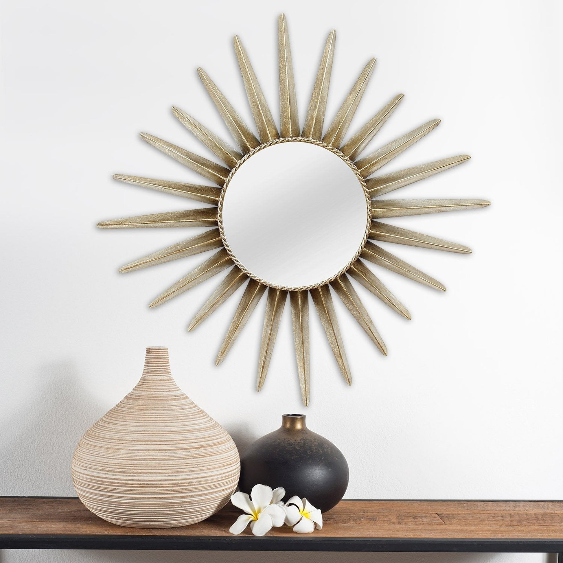 HomeRoots 25.75" x 1.5" x 25.75" Bronze Round Sunburst Wall Mirror