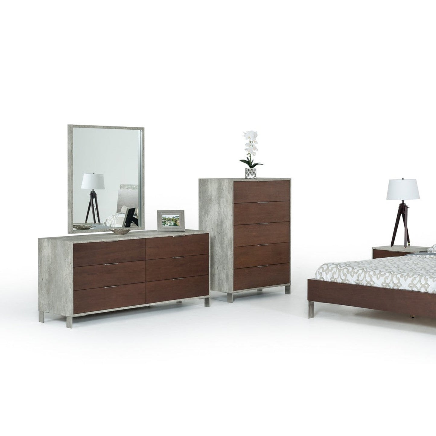 HomeRoots 30' Dark Walnut Veneer Steel And Concrete Dresser With 6 Drawers