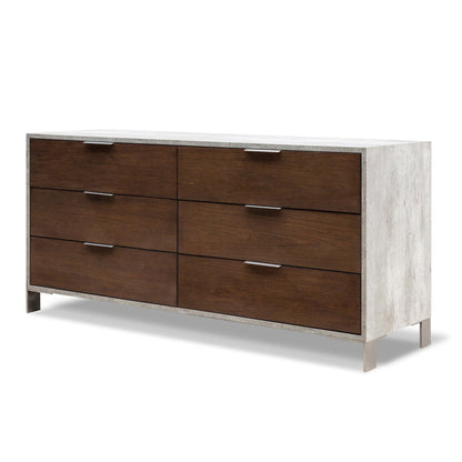 HomeRoots 30' Dark Walnut Veneer Steel And Concrete Dresser With 6 Drawers