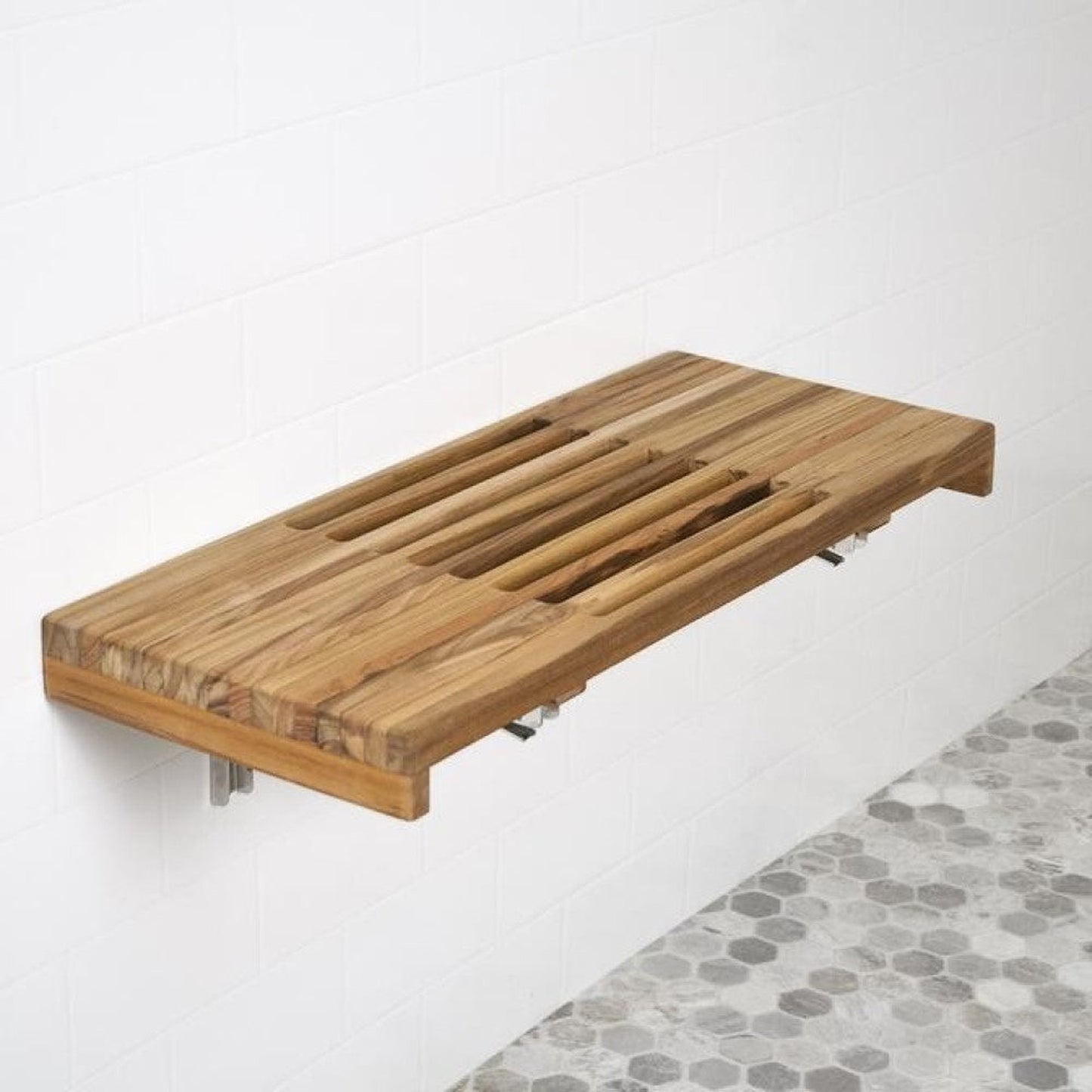 HomeRoots 30" Grand Resort Wall Mount Slat Teak Shower Bench