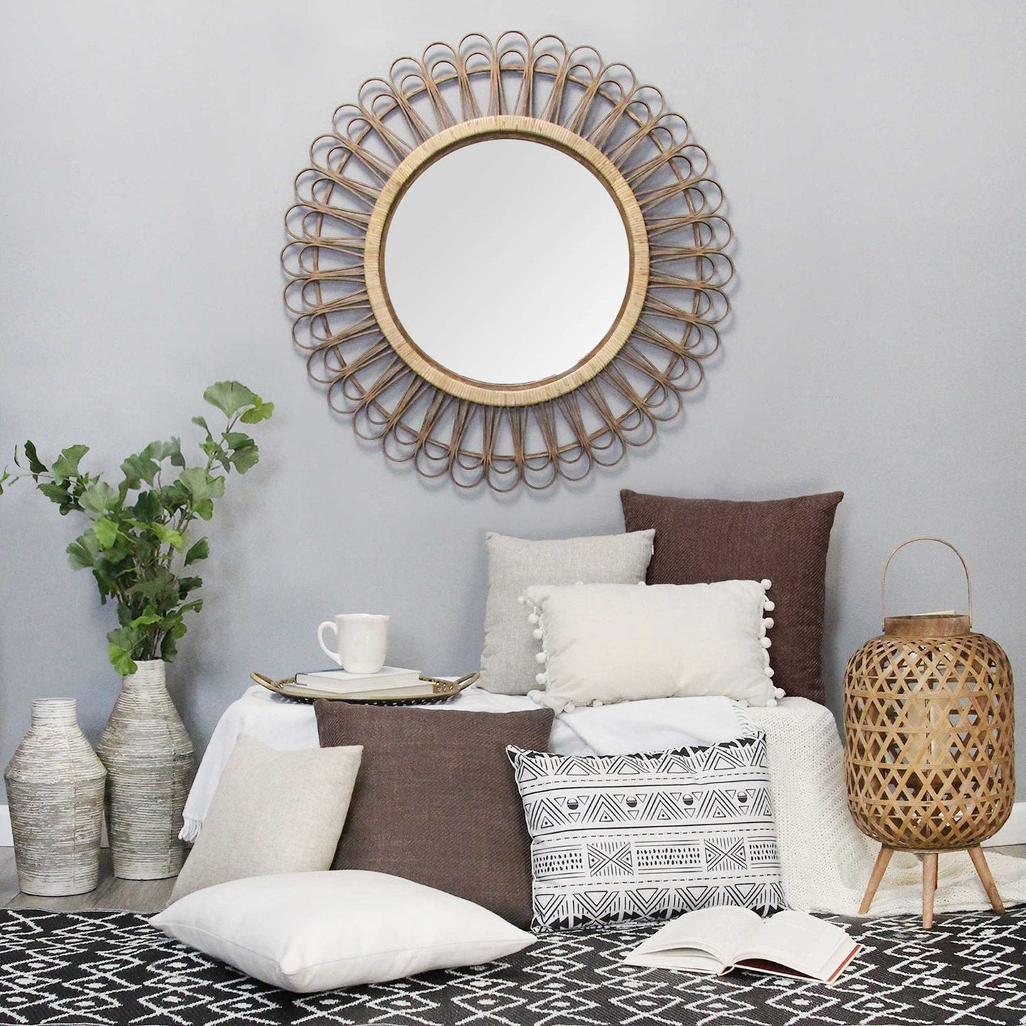 HomeRoots 34" Bamboo Burst Round Rattan Wall Mirror