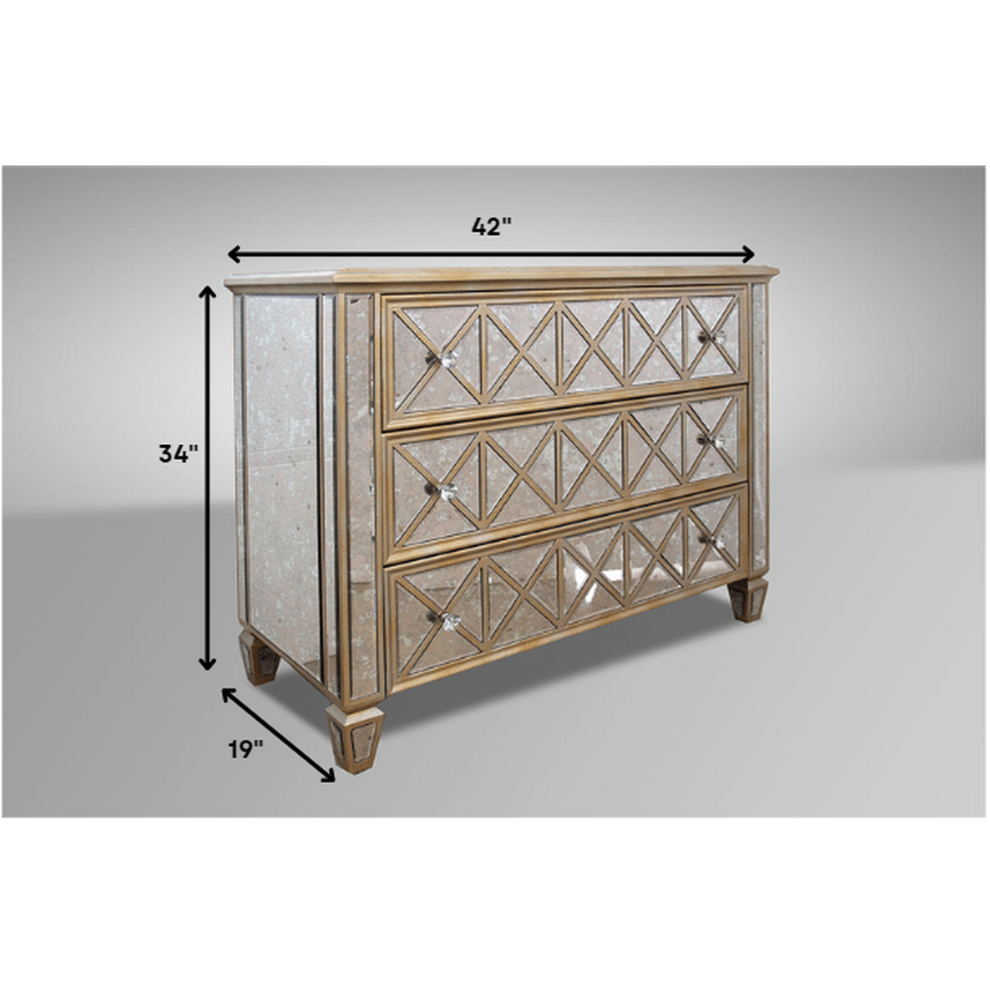 HomeRoots 34' Mirrored Glass and MDF Cabinet with 3 Drawers
